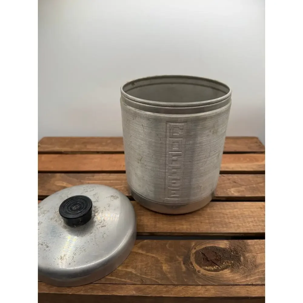 Vintage MCM Spun Aluminum Kitchen Canister Set-Sugar Coffee Tea-Black Lids 1950s